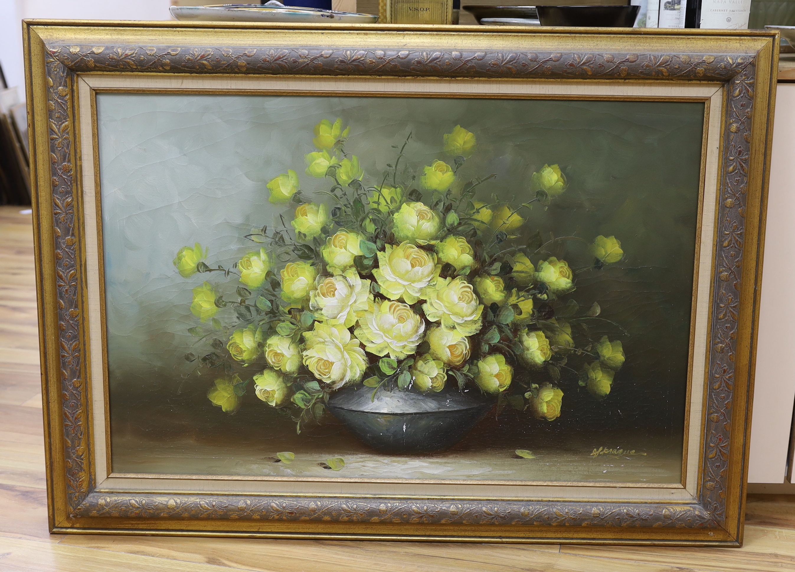 A.S. Prague, oil on canvas, Still life of roses in a bowl, signed, 59 x 89cm